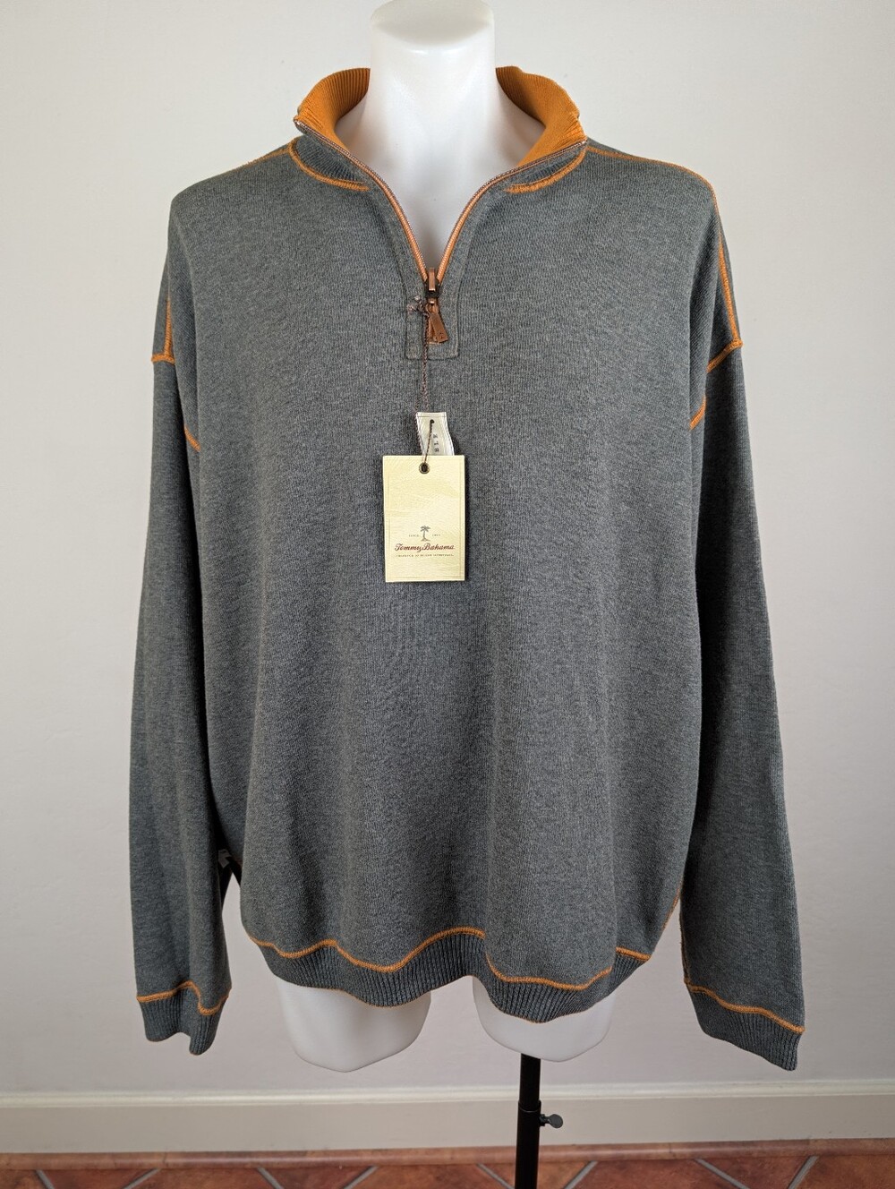 NWT Tommy Bahama Reversible Half-Zip Sweater In Grey and Burnt Orange